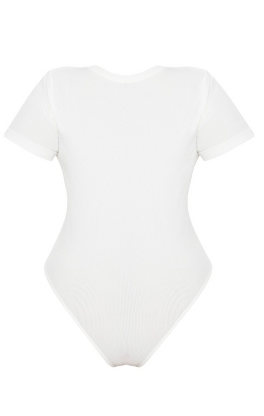 Plus White Ribbed Plunge Short Sleeve Bodysuit