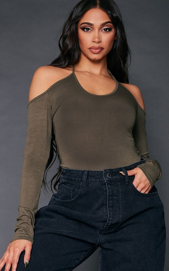 Moss Khaki Jersey Halter Bardot Bodysuit