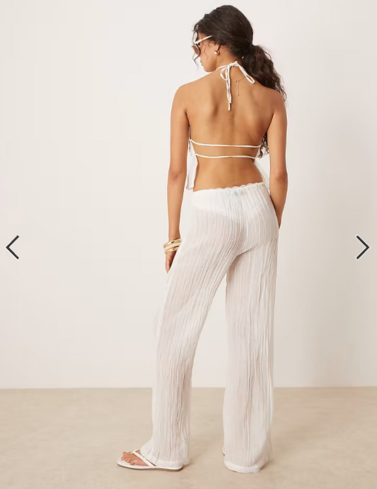 Mango ramie crinkle tie waist pants in white