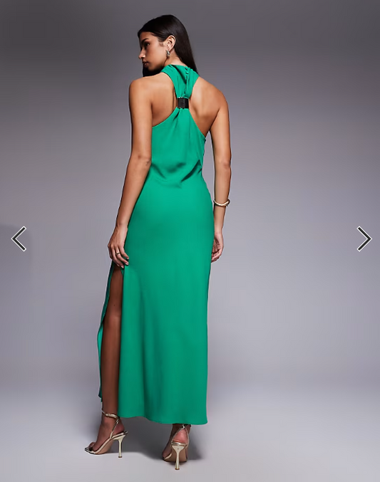 ASOS DESIGN twist neck midi dress with hardware trim in green