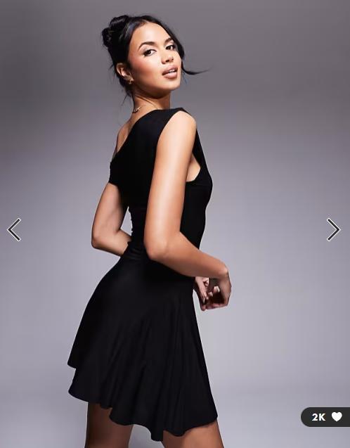 Kaiia exclusive double layered slinky off shoulder drape detail fitted waist mini skater dress in black
