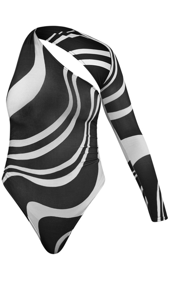 Black Zebra Printed One Shoulder Asymmetric Bodysuit
