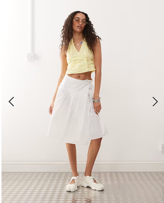 Monki halter neck wrap top with ruched sides in pale yellow