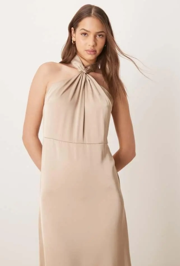 Vila satin twist halterneck midi dress in beige