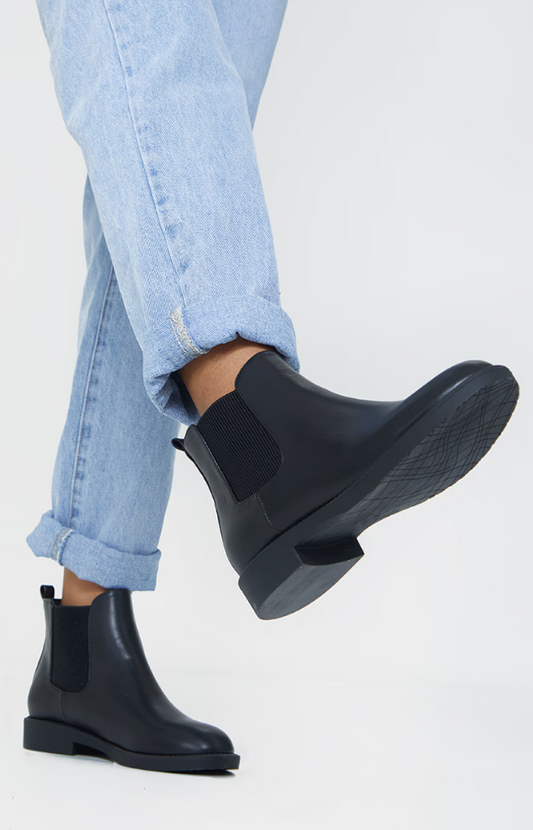 Black Faux Leather Basic Chelsea Ankle Boots