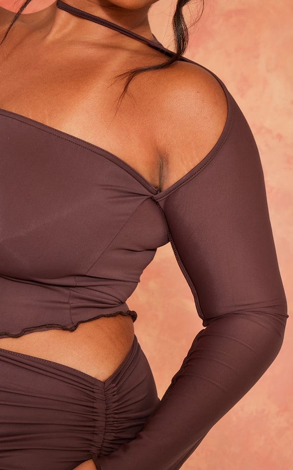 Plus Chocolate Slinky Asymmetric Hem Tie Neck Top