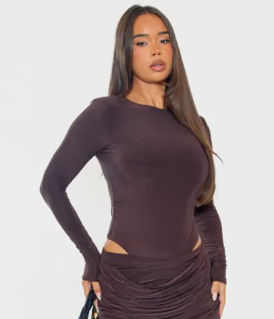 Long Sleeve Bodysuit With Shoulder Pads In Chocolate Brown Slinky
