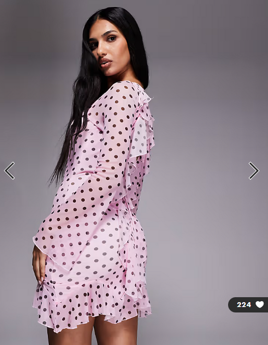 Kaiia exclusive slinky long sleeve ruffle hem open back mini dress in pink and black polka dot