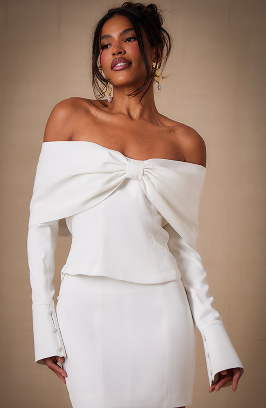 Premium White Woven Bow Bardot Flute Sleeve Long Top