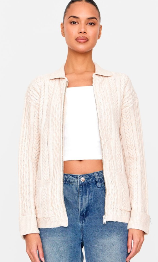 Plt - Oatmeal Cable Knit Collar Detail Zip Up Cardigan