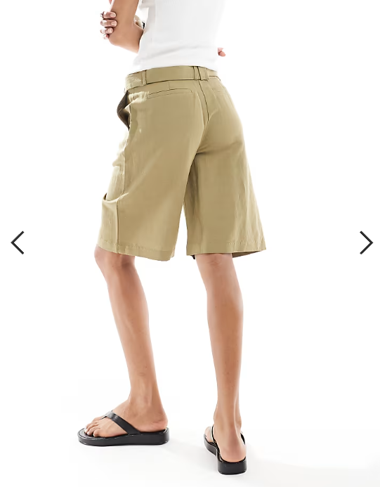 ASOS DESIGN tailored longline belted city shorts with linen in khaki