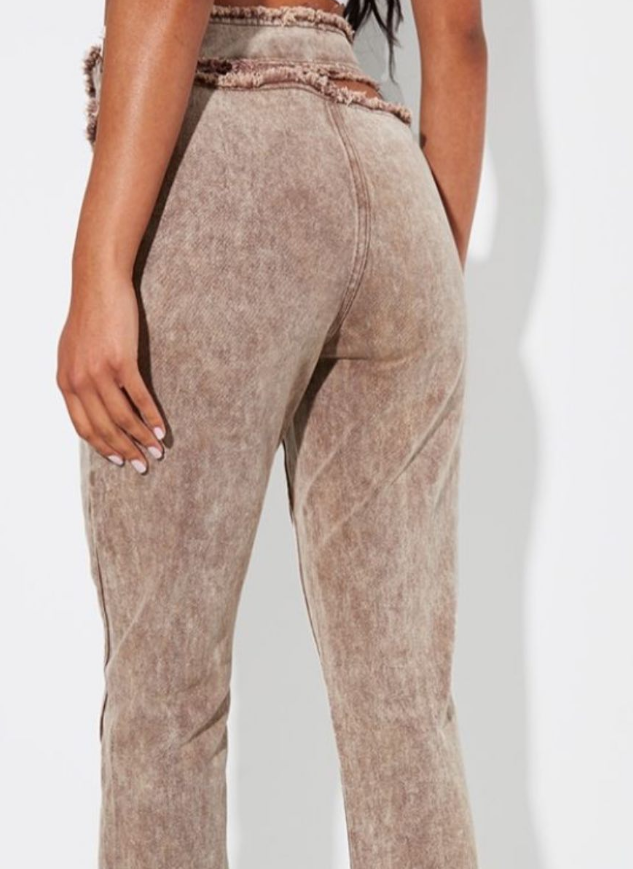 Plt - Brown Acid Wash Frayed Edge Cut Out Asymmetric Flared Denim Jeans