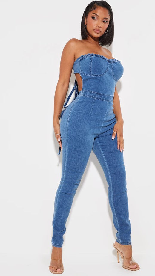 Shape Mid Blue Wash Cup Detail Tie Back Denim Jumpsuit