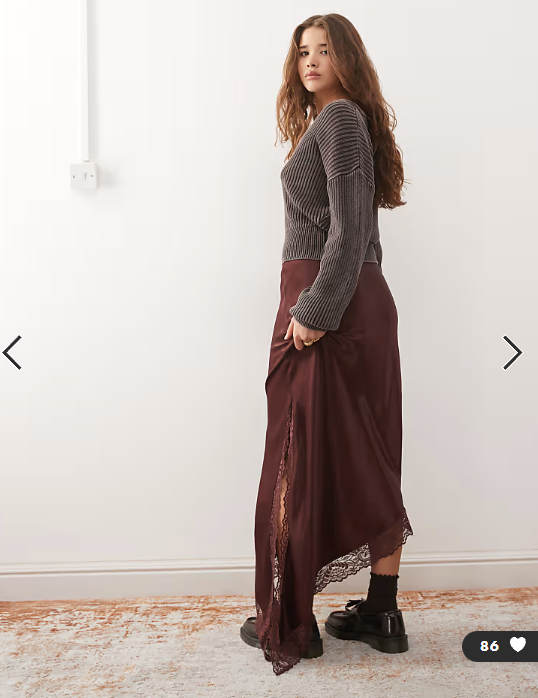Reclaimed Vintage midi skirt with asymmetric hem with lace in chocolate brown