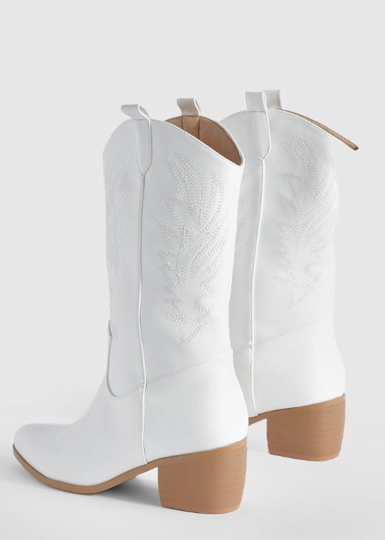 Wide Fit Tab Detail Ankle Cowboy Western Boots - white