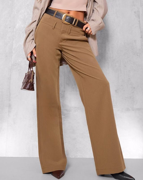 Plt - Taupe Tailored Woven Double Waistband Wide Leg Trousers