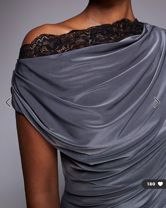 ASOS DESIGN slinky lace trim one shoulder top in charcoal