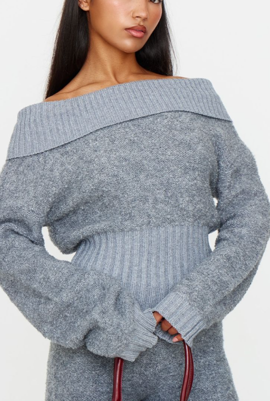 Charcoal Contrast Textured Knit Bardot Foldover Jumper