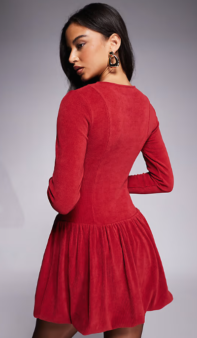 ASOS DESIGN cord dropped waist bubble hem mini in cherry red