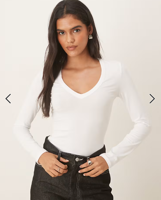 ASOS DESIGN basic long sleeve v neck fitted top in white
