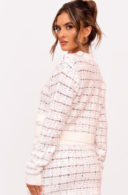 Multi Contrast Boucle Knit Button Up Cardigan