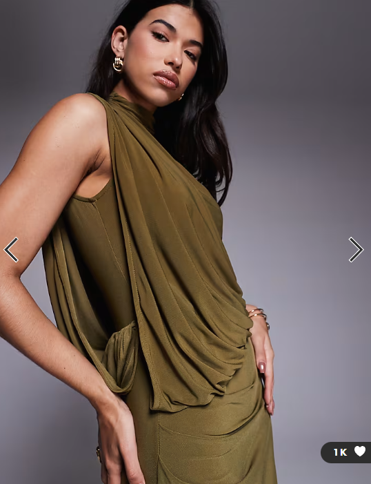 ASOS DESIGN one shoulder slinky drape maxi dress with cape detail in khaki
