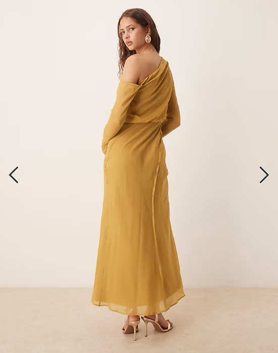 ASOS DESIGN fallen shoulder midi dress with seaming details and tie belt in mustard gold