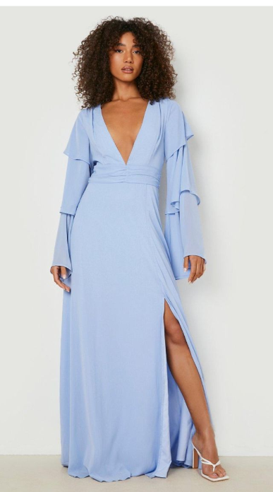Boohoo - Tall Bridesmaid Tiered Sleeve Occasion Maxi Dress - pastel blue