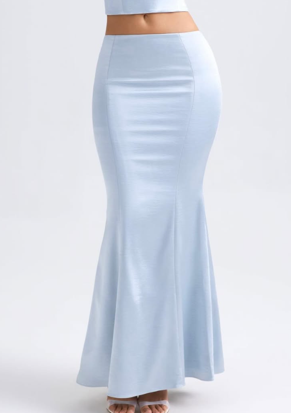 OhPolly-Mid-Rise Fishtail Maxi Skirt in Light Blue