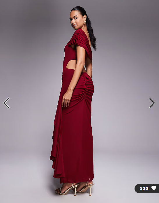ASOS DESIGN mesh ruched off shoulder midi dress with ruffle sash detail in cherry