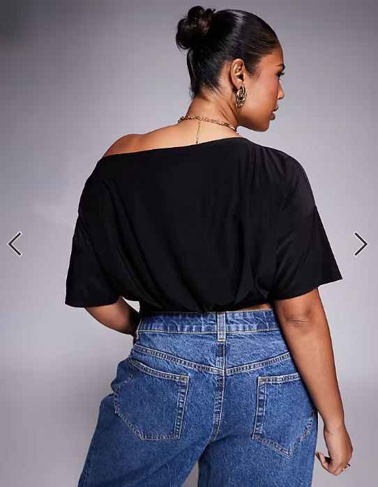 ASOS DESIGN Curve asymmetric one shoulder short sleeve top with cinch waist detail in black