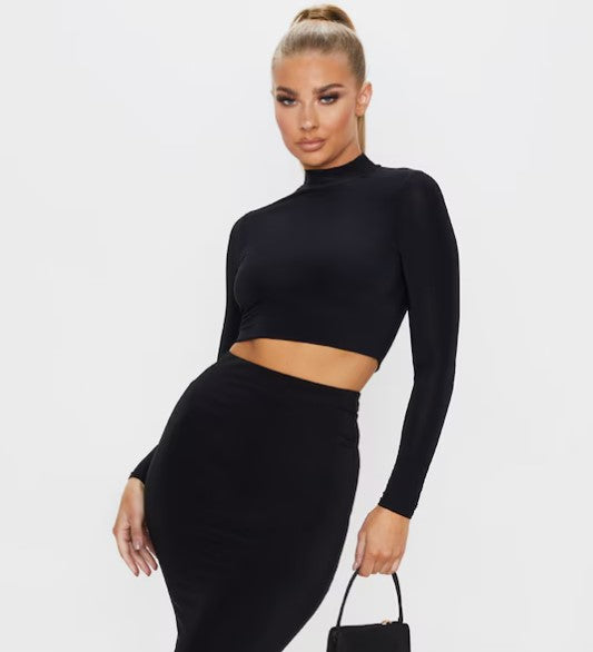 Rio Black Slinky High Neck Long Sleeve Crop Top