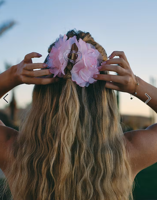 South Beach x Liv Silverman fabric flower hair claw clip in pink and orange