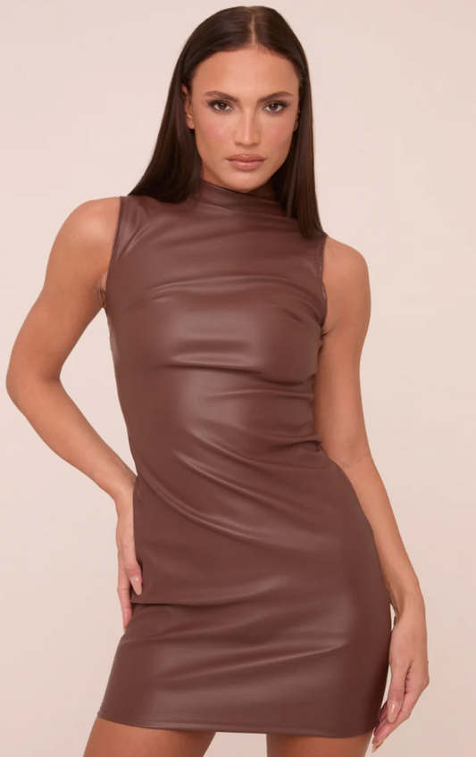Brown Faux Leather High Neck Sleeveless Mini Dress - Hazel