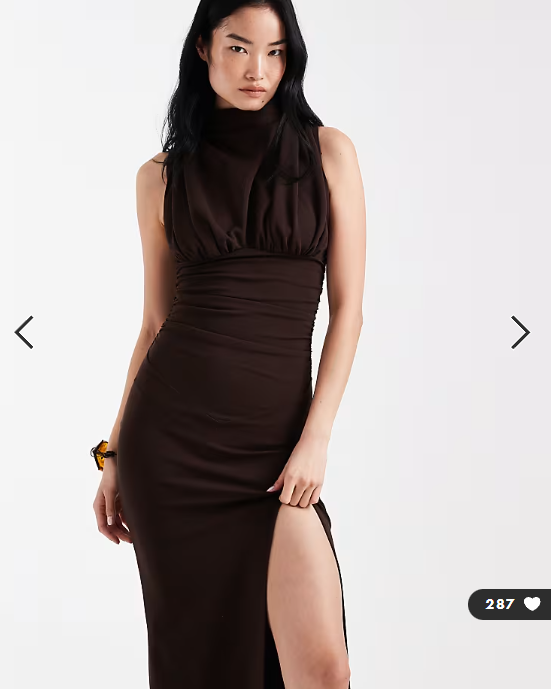ASOS DESIGN ruched bodice maxi dress with grown on neck in chocolate