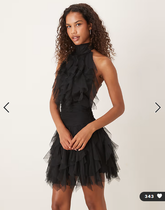 Lace & Beads ruffle halter drop hem mini dress in black