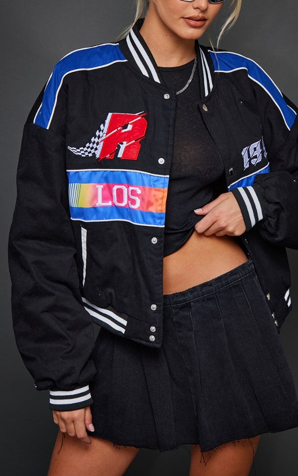 Black Motocross Zip Through Bomber Jacket