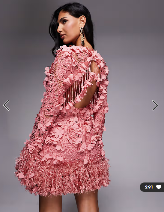 ASOS LUXE 3D floral embellished broderie mini dress with faux feather trim in pink