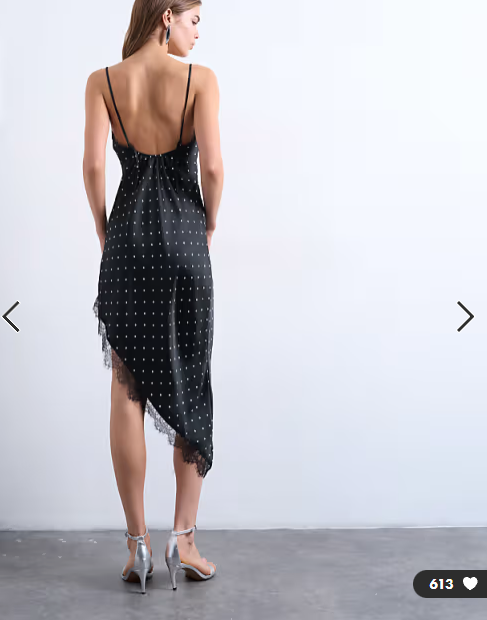 Topshop satin asymmetric lace trim midi slip dress in black polka dot