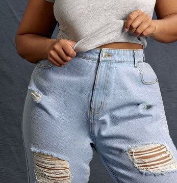 Plus Light Blue Wash Distressed Mom Jeans