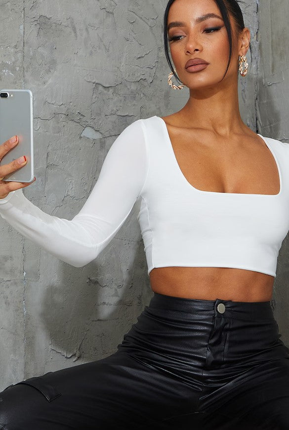 White Second Skin Square Neck Long Sleeve Crop Top