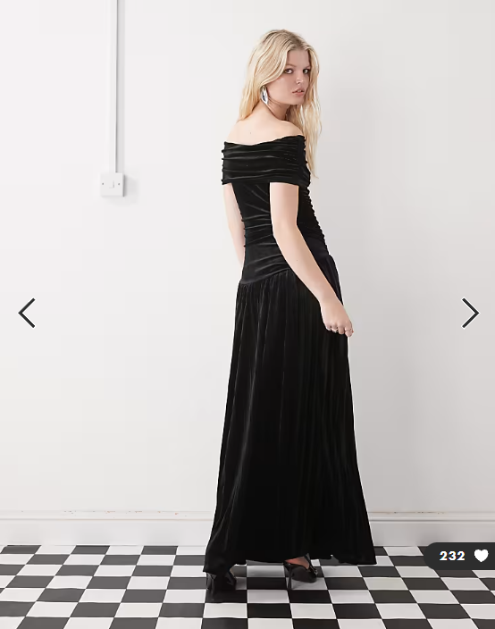 Lioness Field of Dreams foldover bardot ruched drop waist pleated velvet maxi dress in black