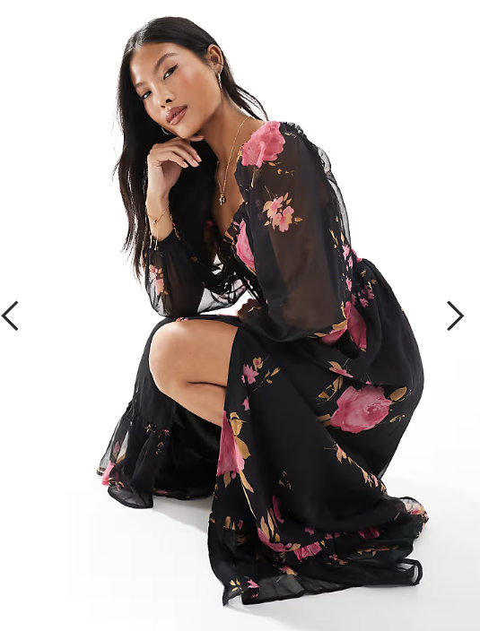 Miss Selfridge Petite long sleeve corset detail maxi dress in rose print