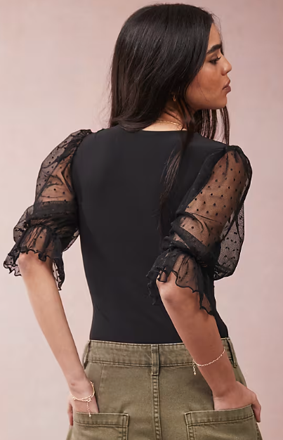 ASOS DESIGN sweetheart neck puff sleeve dobby mesh bodysuit in black