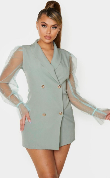 Sage Green Button Up Organza Sleeve Blazer Dress