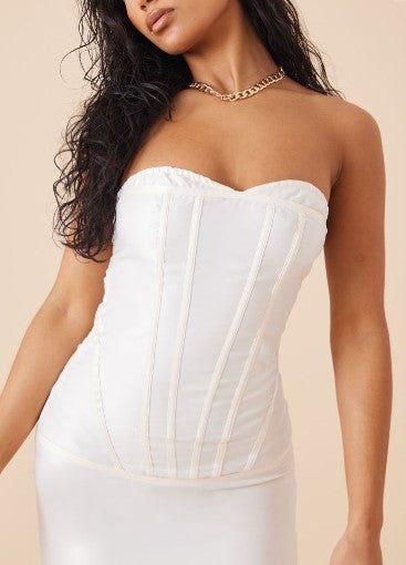 Cream Satin Corset Detail Bodycon Dress