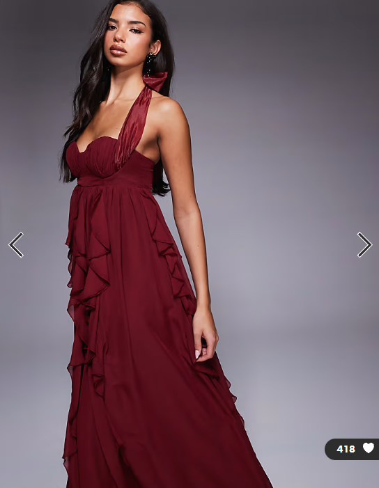 ASOS LUXE halter maxi dress with waterfall ruffles in berry
