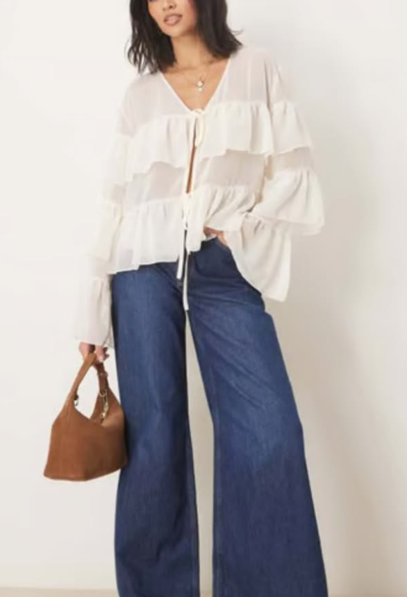 ASOS DESIGN chiffon boho ruffle blouse in cream