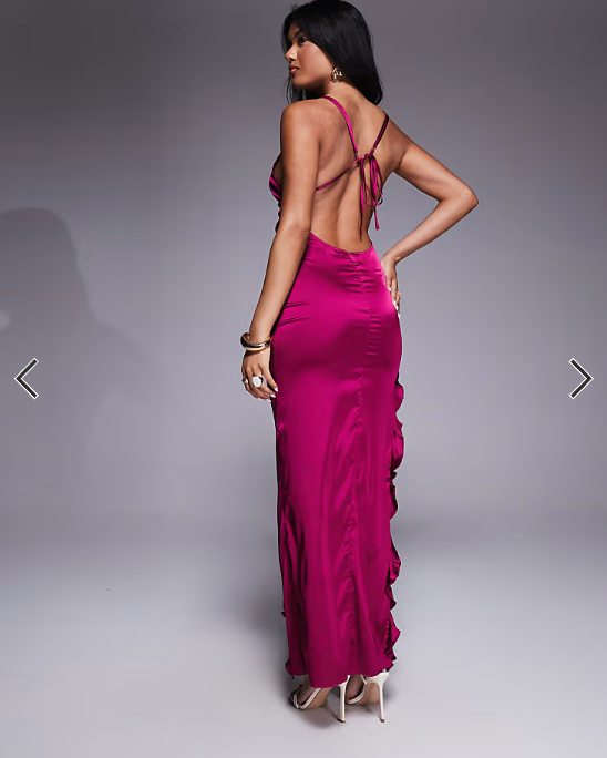 Missyempire satin cami open tie back ruffle side split maxi dress in dark pink