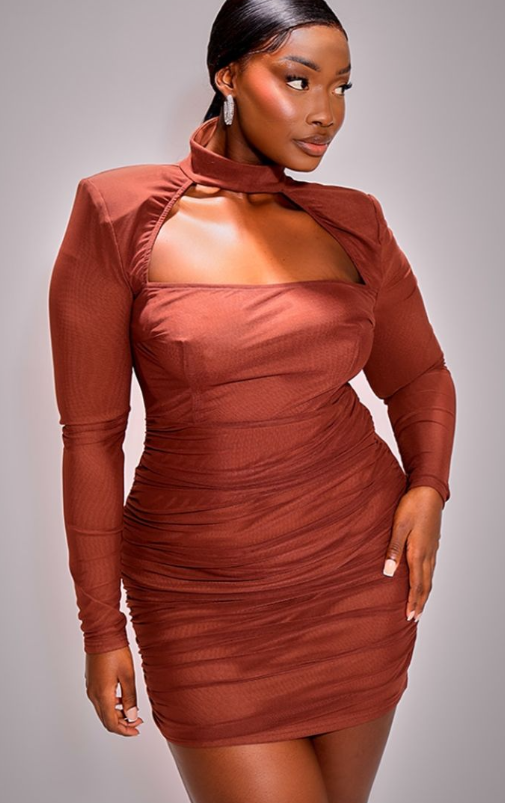 Plt - Plus Chocolate Mesh Cut Out Detail Shoulder Pad Bodycon Dress